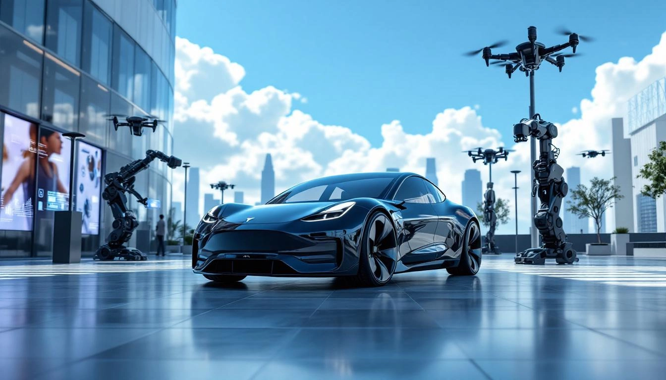 테슬라 전기차와 인공지능, 자율주행, 로보틱스를 시각적으로 나타낸 미래 지향적인 이미지