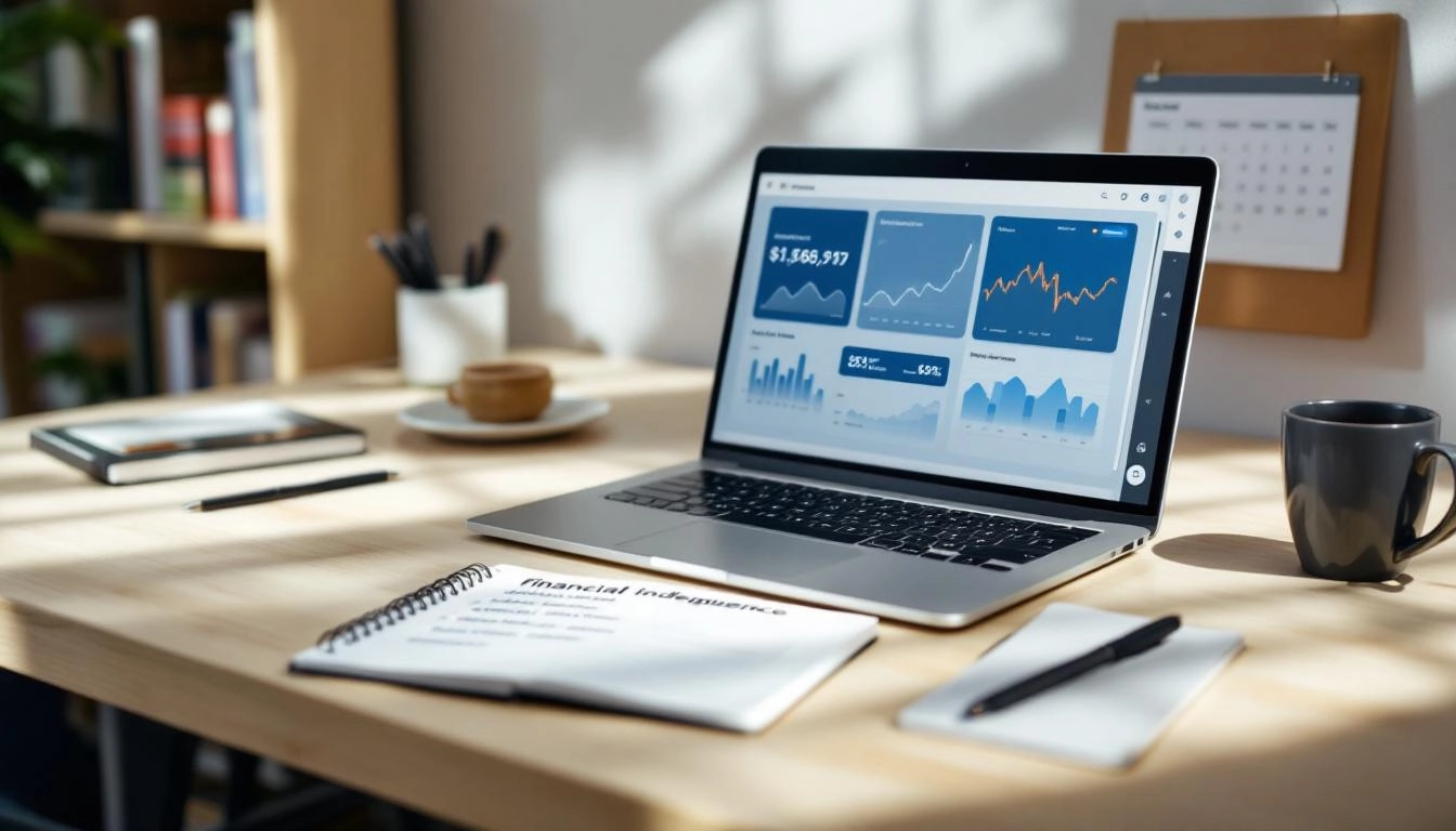 재무 차트와 투자 앱이 켜진 노트북과 경제적 독립 개념을 상징하는 노트가 있는 정돈된 작업 공간
