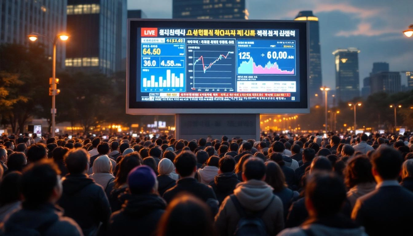 대장동 항소 포기 관련 뉴스 속보를 지켜보며 토론하는 시민들의 모습으로, 분열된 국민 여론을 표현