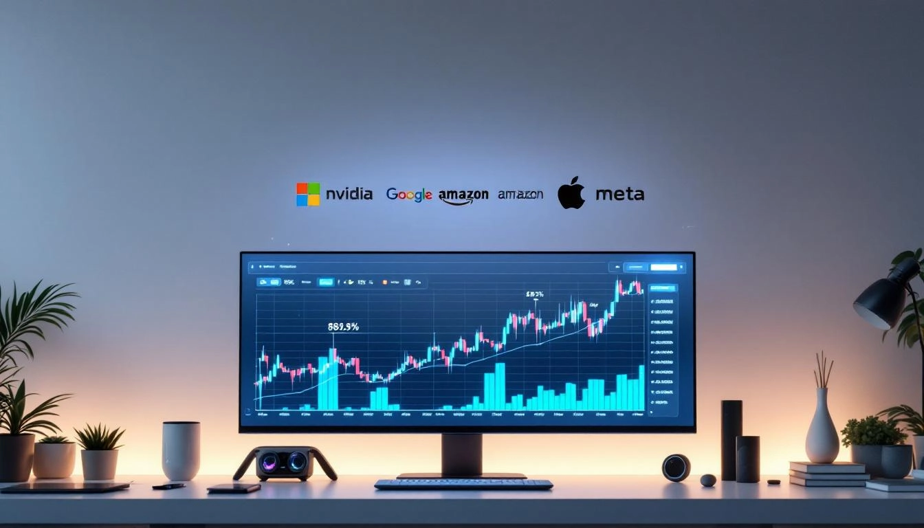 미국 증시의 매그니피센트 7 기업 로고와 주식 시장 그래프 상승 모습