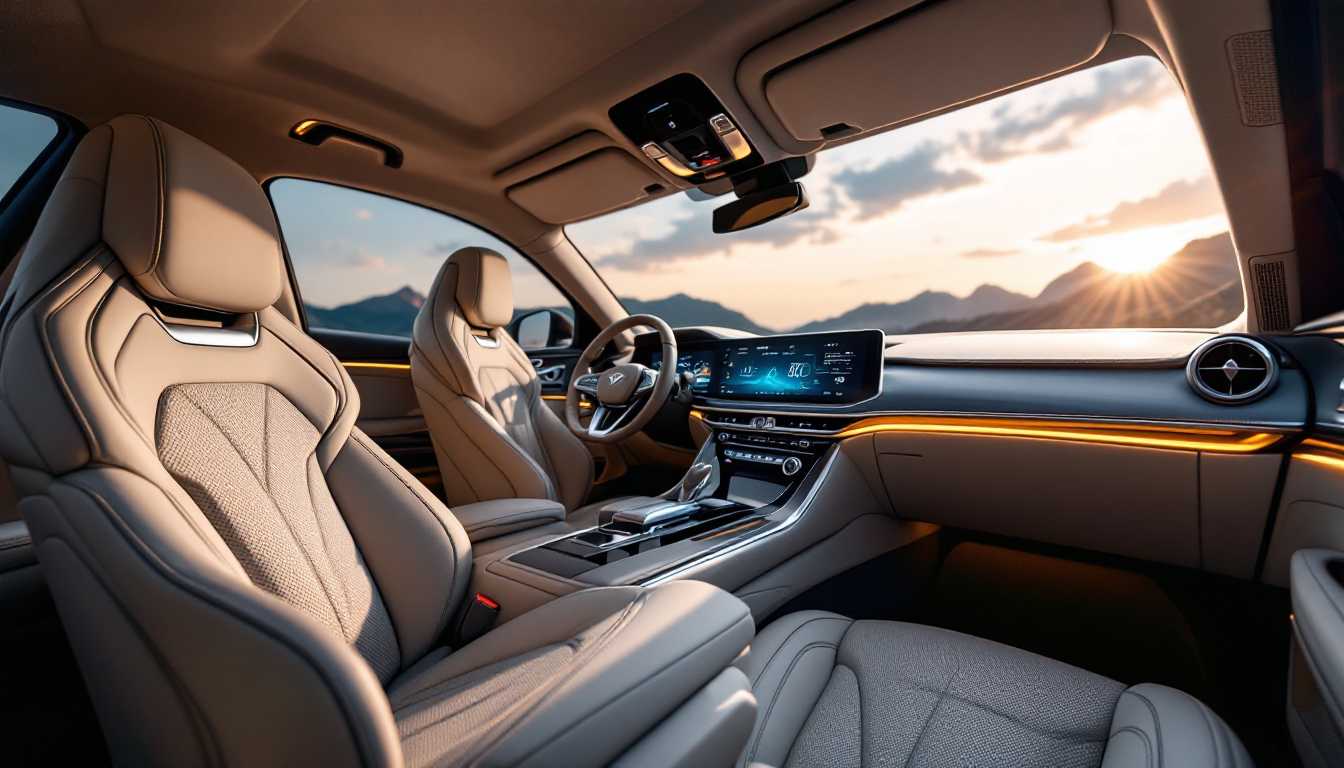 Genesis G70의 나파가죽 시트와 알루미늄 트림, 디지털 대시보드가 돋보이는 고급스러운 실내 디자인 모습