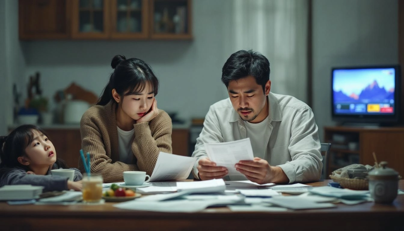 가계부채와 정치 불안이 원화 가치에 미치는 영향을 상징하는 한국 가정의 걱정스러운 모습