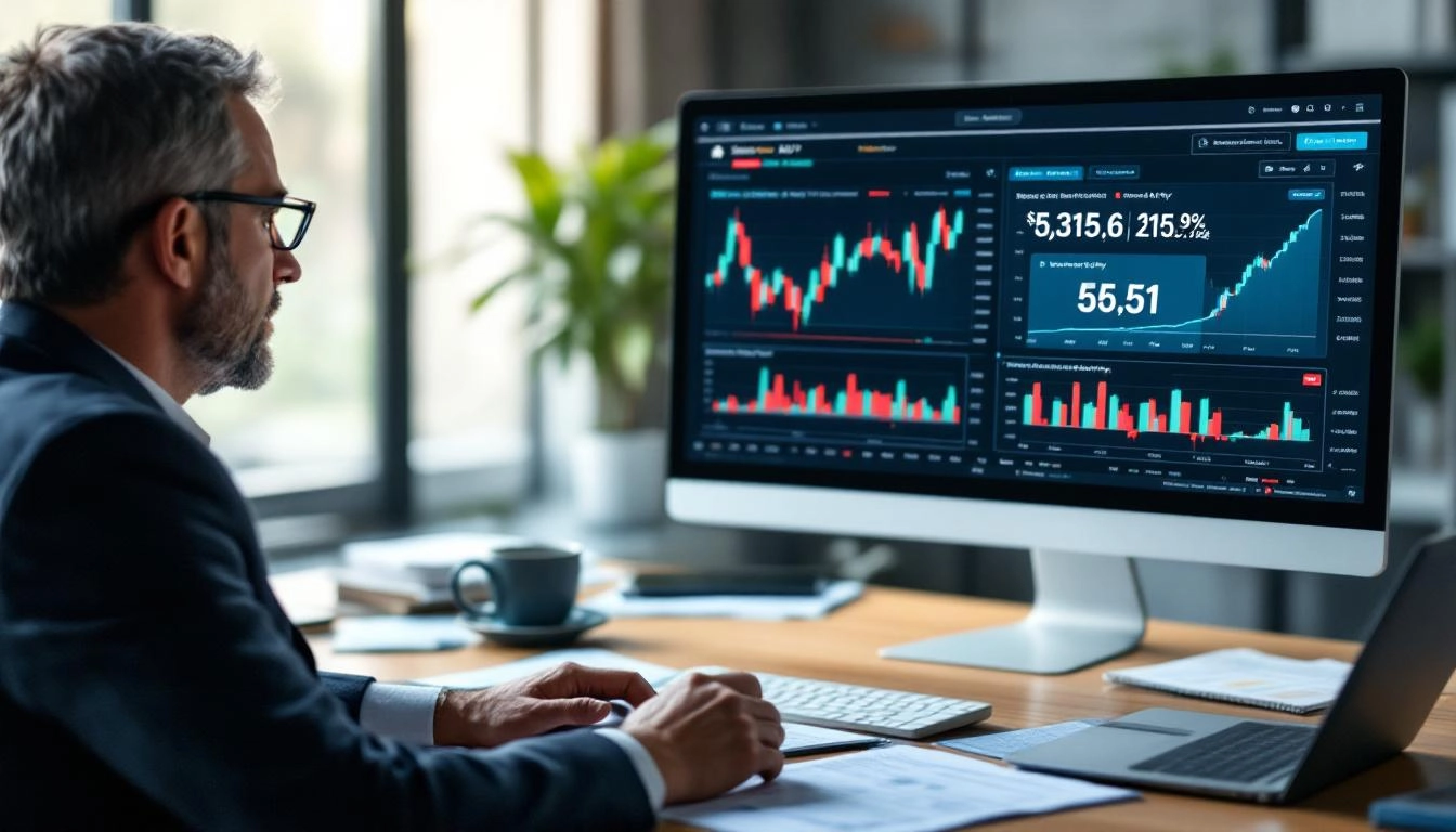 산타랠리 투자 전략에서 분할 매수와 집중 불타기 매수 전략을 분석하는 투자자의 모습