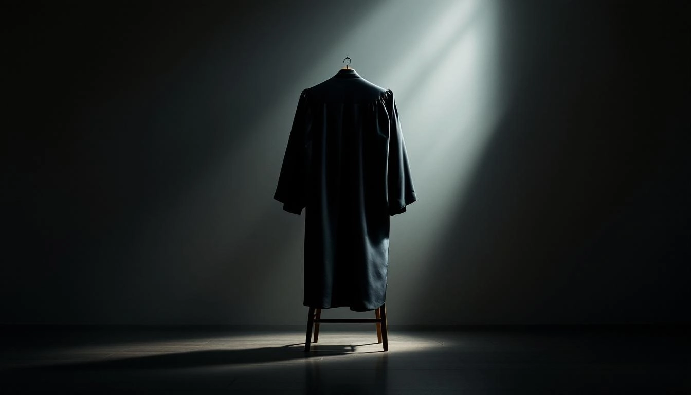 비어있는 사무실 의자에 걸린 검사복으로, 검찰 내부의 갈등과 사의를 표명한 상황을 상징