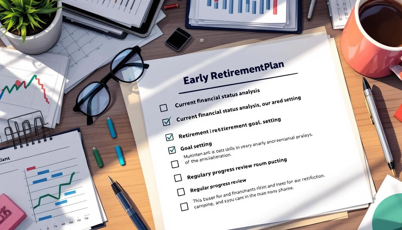 조기 은퇴 계획 3단계 실행 전략을 보여주는 재무 점검표와 차트가 놓인 책상 위 모습