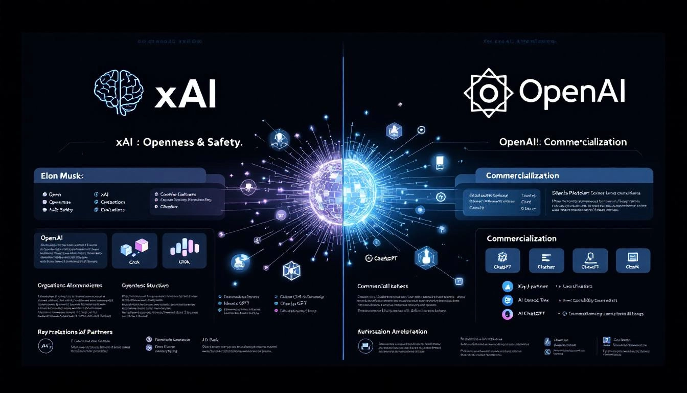 일론 머스크의 xAI와 OpenAI를 철학, 조직, 파트너, AI 모델 비교로 보여주는 분할 화면 인포그래픽