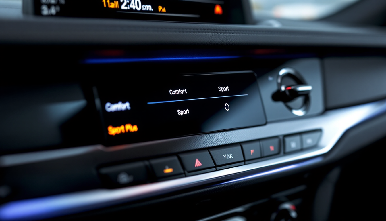 BMW M340i 실내 운전 모드 셀렉터를 보여주는 고화질 사진, 컴포트, 스포츠, 스포츠 플러스 모드가 표시된 모습