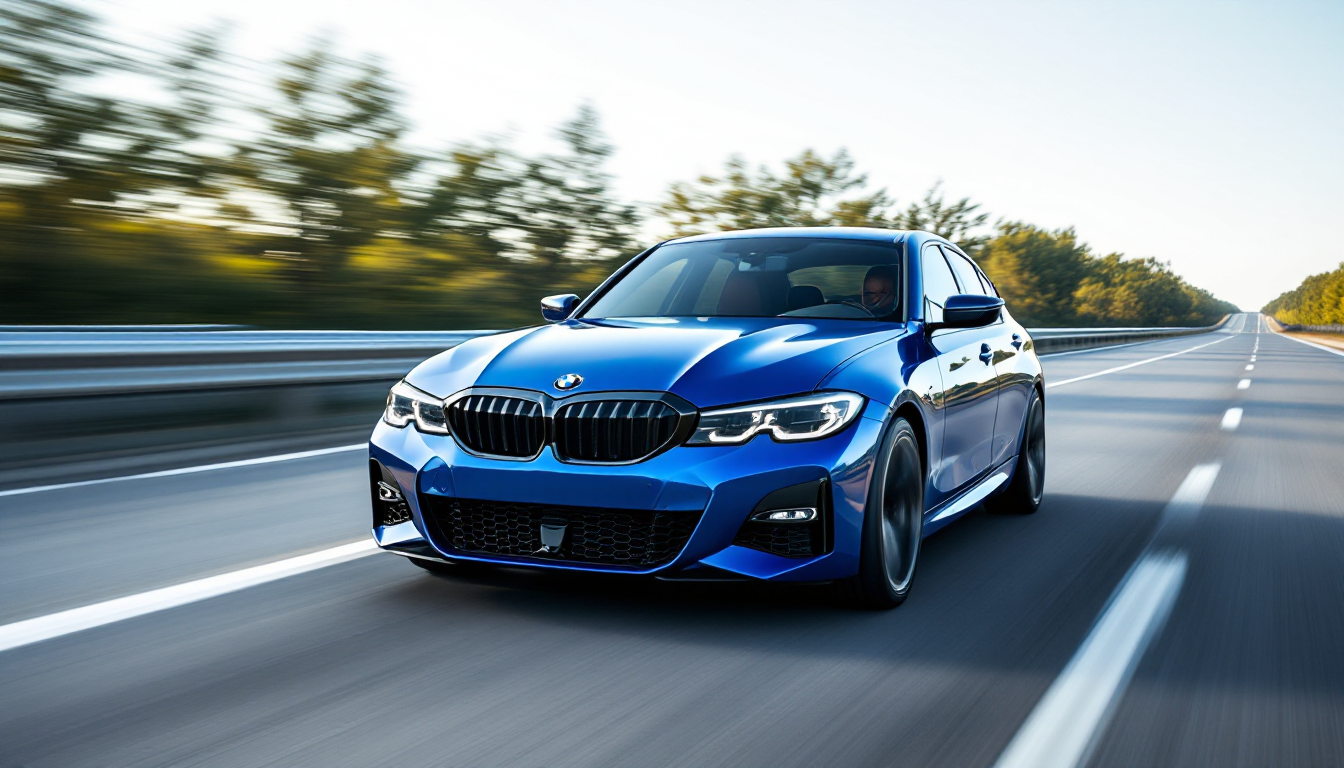 BMW M340i가 고속도로에서 가속하며 스포츠 성능을 보여주는 역동적인 이미지