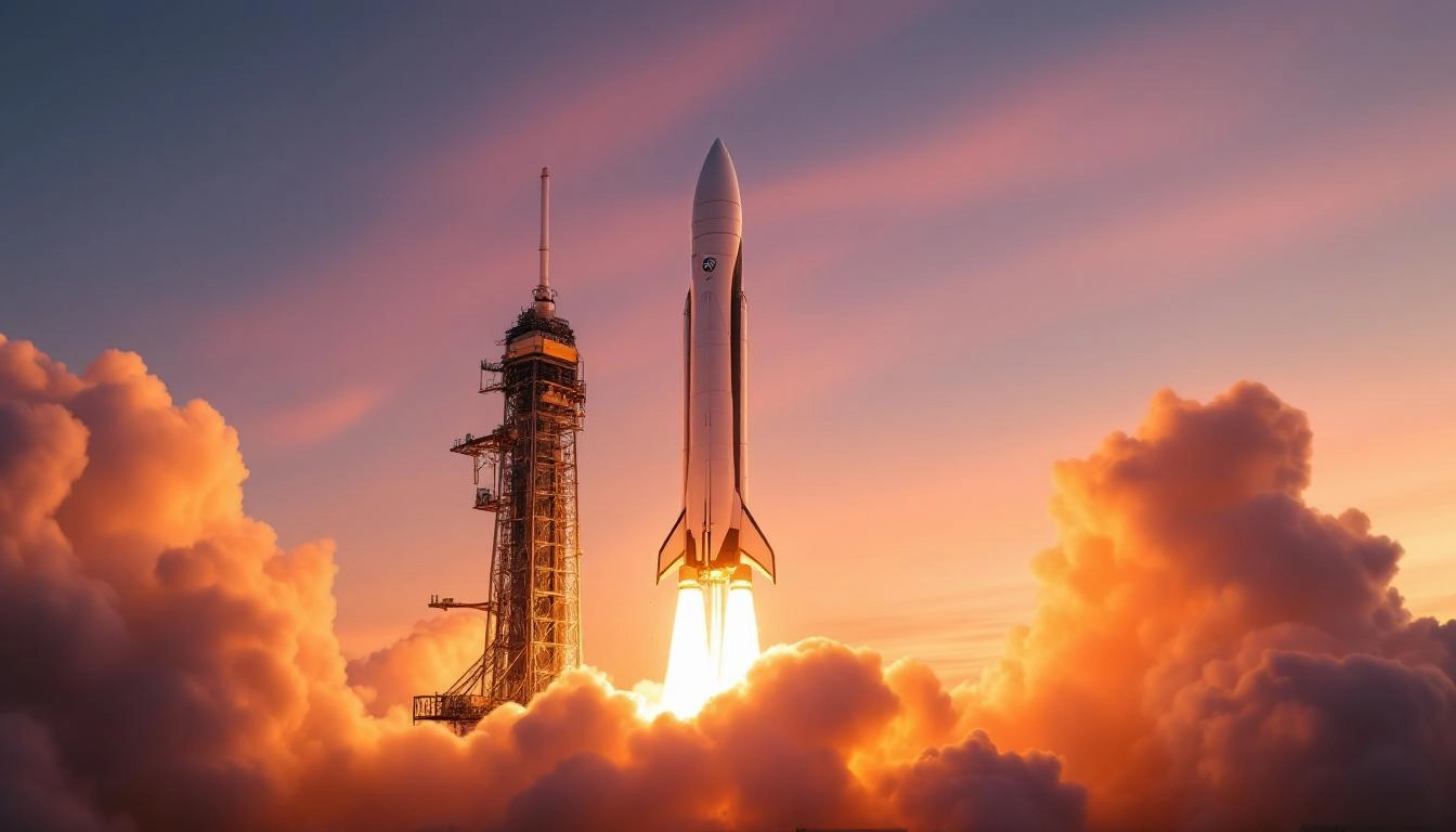 성공적인 스타십 10차 시험비행에서 발사되는 대형 우주 로켓의 모습