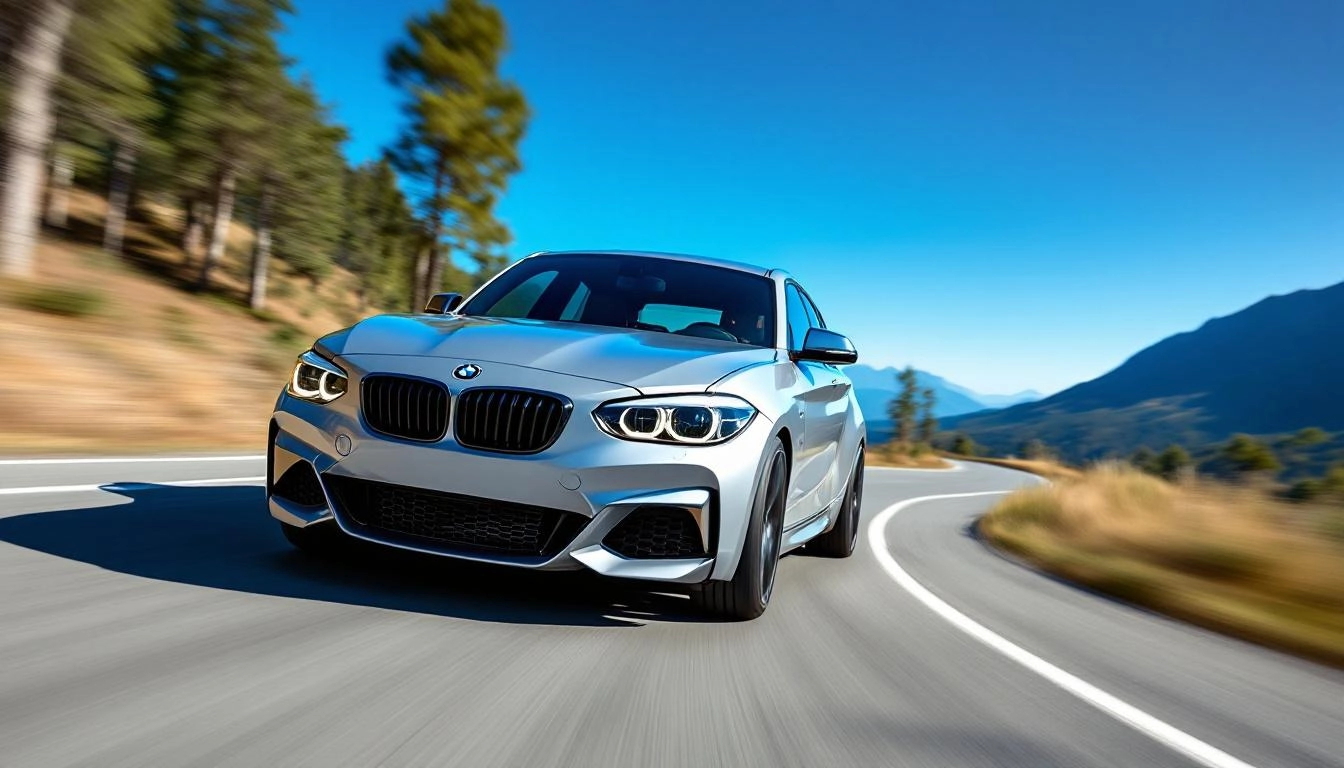 BMW M135i 프리미엄 핫해치의 역동적인 주행과 고성능을 강조한 이미지