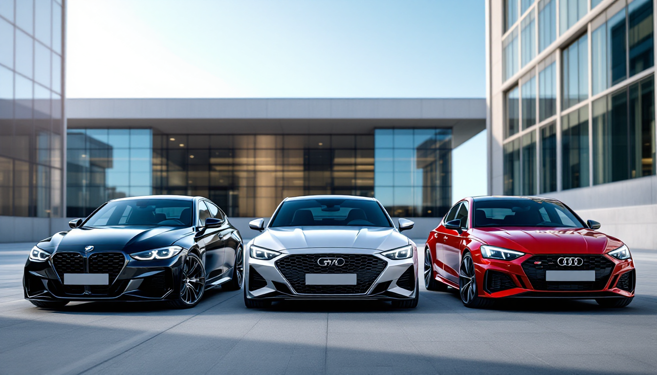 BMW M340i, Genesis G70, 아우디 RS3 고성능 스포츠 세단 3대가 도시 배경에 나란히 정차해 있는 모습