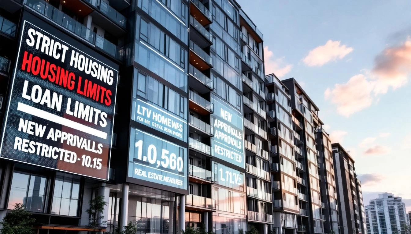 다주택자 및 임대사업자에 대한 신규 주택담보대출 한도 제한 및 LTV 40퍼센트 규제를 보여주는 아파트 단지와 그래픽