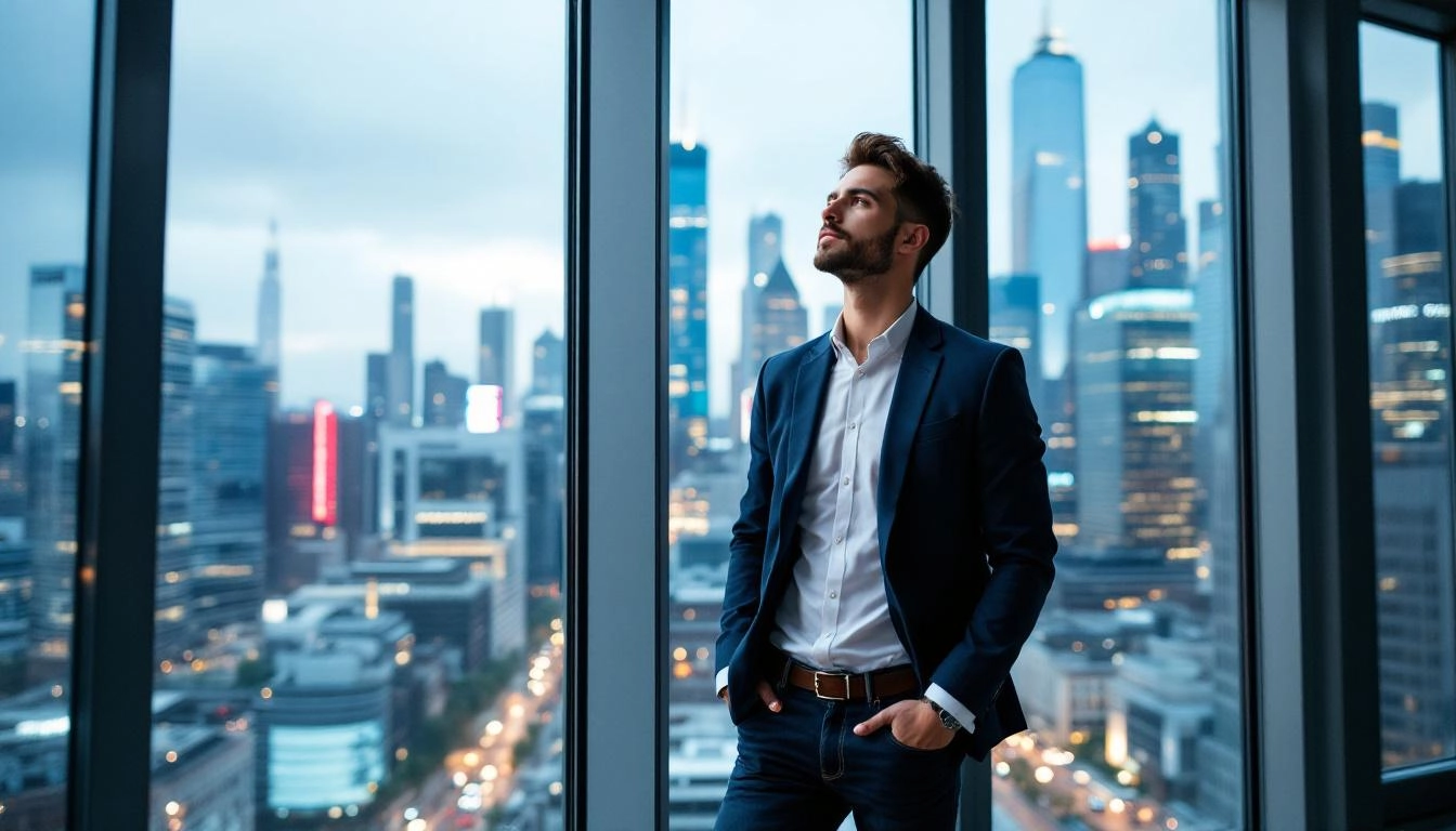 젊은 전문가가 창밖 도시 전경을 바라보며 경제적 독립과 조기 은퇴를 꿈꾸는 모습
