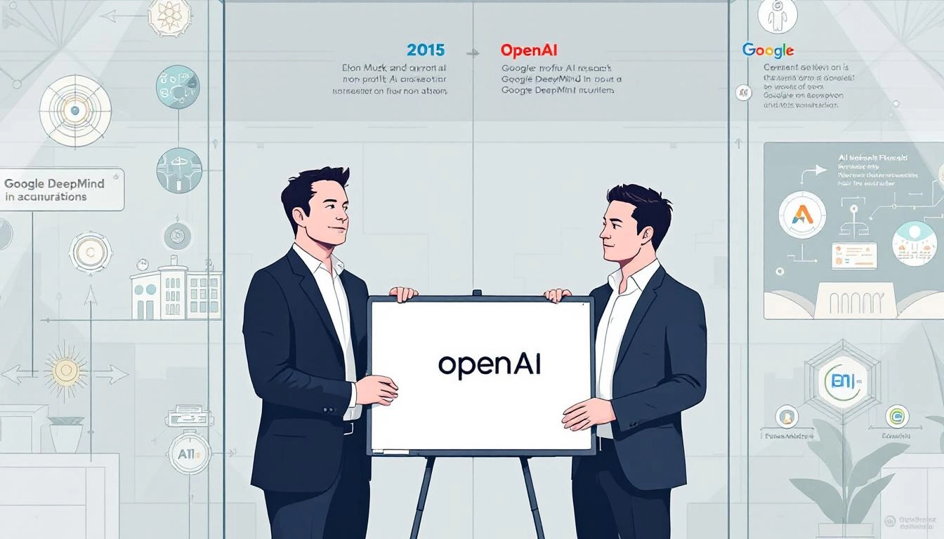 2015년 일론 머스크와 샘 알트먼이 함께 OpenAI를 설립하는 역사적 순간을 보여주는 타임라인