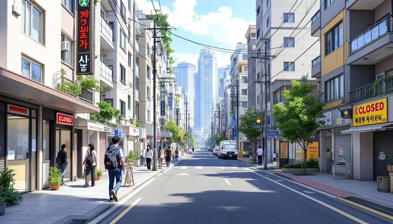 서울 지역 내 부동산 규제 강화로 인한 거래 위축과 전세 수요 감소, 재개발 사업 지연을 묘사한 도시 이미지