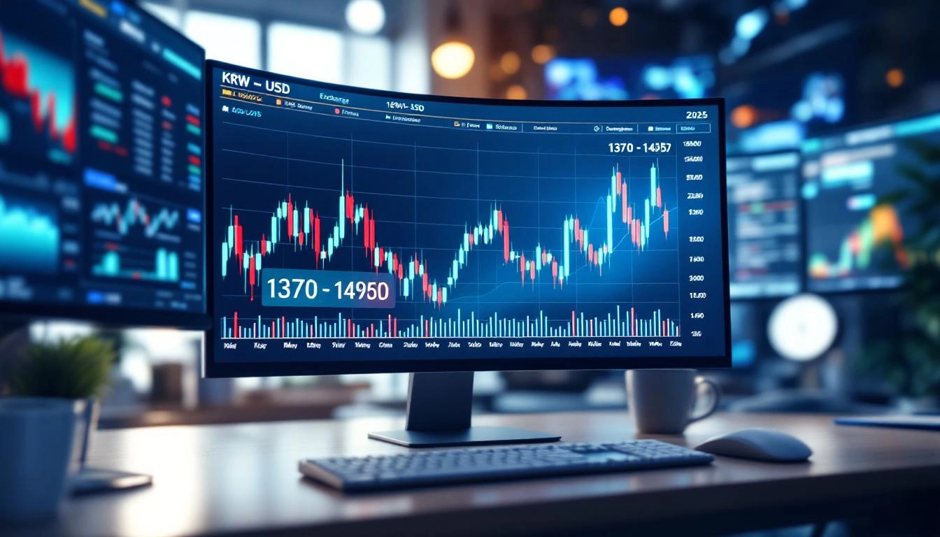 2025년 원달러 환율 변동 그래프와 경제적 요인을 나타내는 실제적인 금융시장 장면