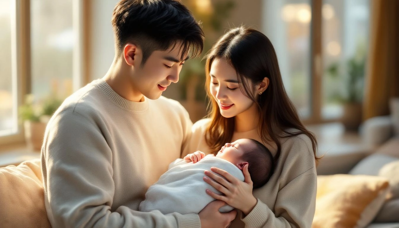 집 안에서 갓 태어난 아기를 안고 행복하게 웃는 부부