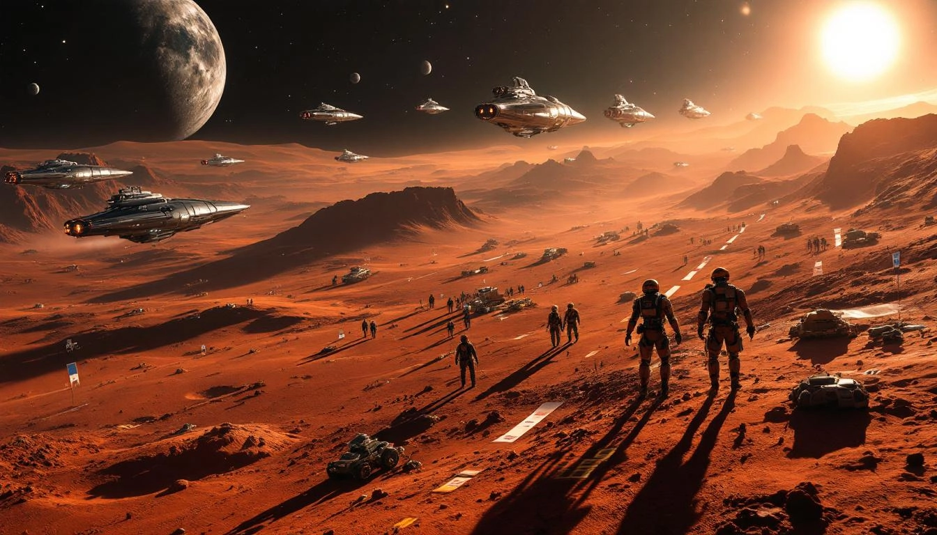 2026년부터 2030년까지의 화성 정착 로드맵을 나타내는 스타십이 착륙하고 로봇이 활동하는 화성 표면