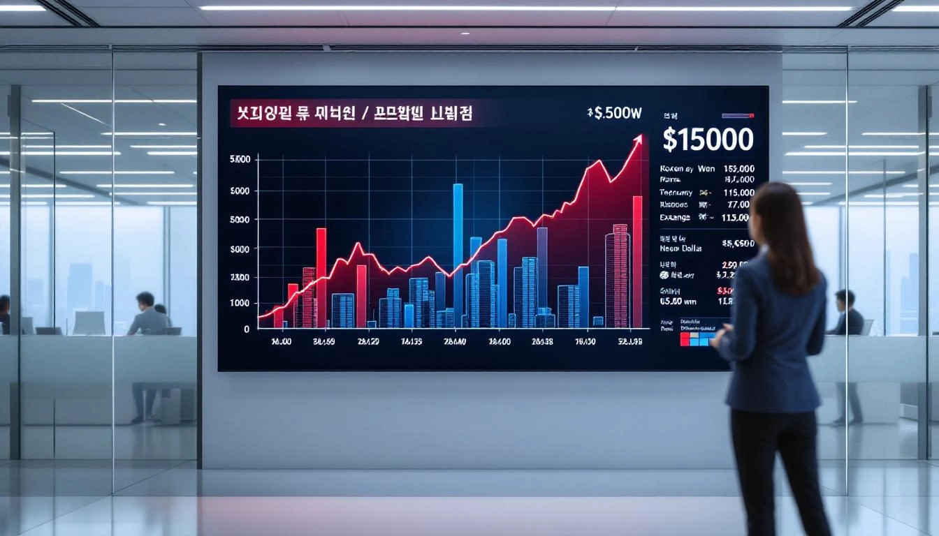 2025년 원달러 환율이 1500원에 근접하는 상승 추세를 보여주는 금융 사무실의 실사 이미지
