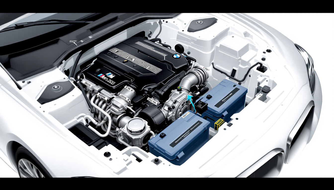 BMW M340i의 3.0L 직렬 6기통 트윈파워 터보 엔진과 48V 마일드 하이브리드 시스템이 보이는 엔진룸 상세 이미지