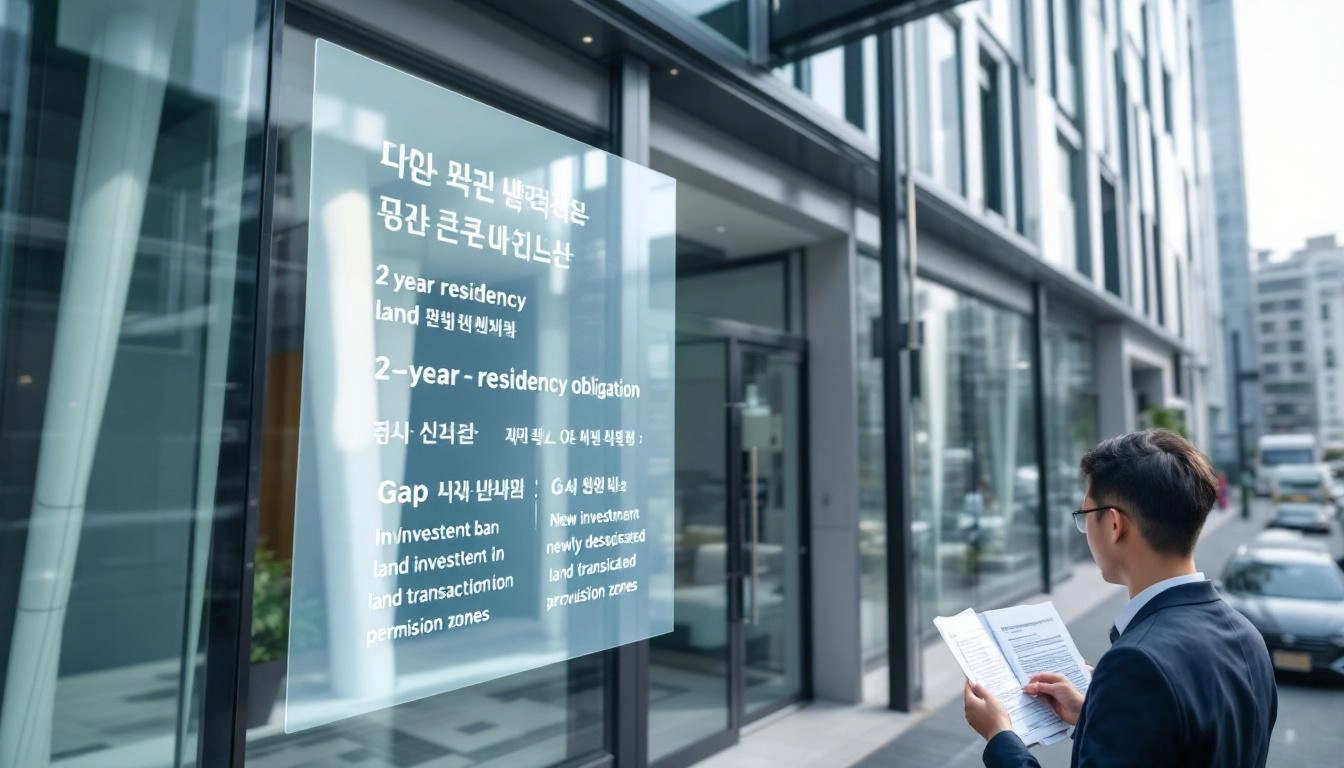 토지거래허가구역 확대와 2년 실거주 의무 및 갭투자 금지를 설명하는 서울 아파트 단지와 주택 구입 서류를 확인 중인 사람