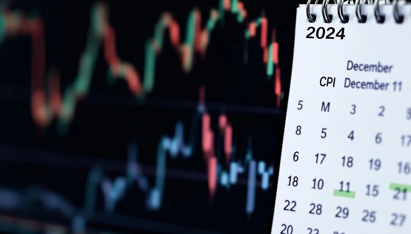 2024년 12월 중요한 경제지표 발표일이 강조된 금융 달력과 주식 차트 배경 이미지