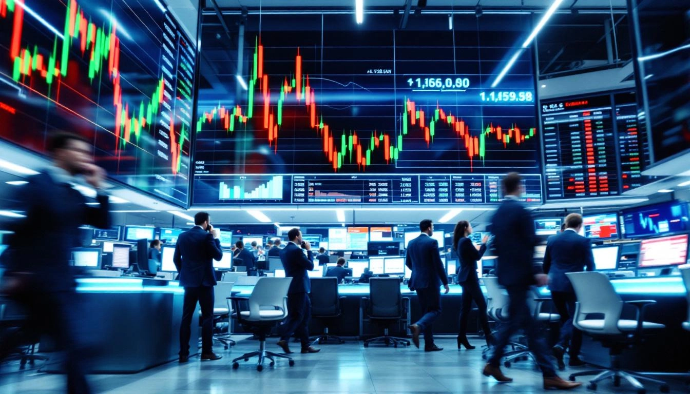 산타랠리 기간 동안 주식시장이 활발히 움직이는 모습의 실사 스타일 이미지