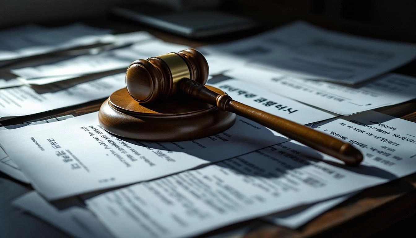 대장동 사건 관련 법적 문서와 법원의 판사 망치가 놓인 책상 모습