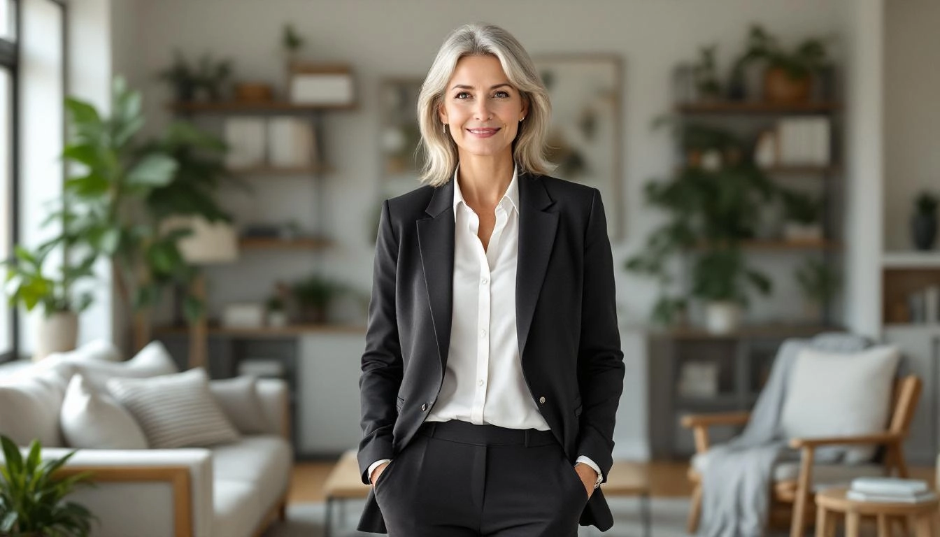 조기 은퇴에 성공하여 편안한 집에서 여유로운 생활을 하는 중년 여성의 모습