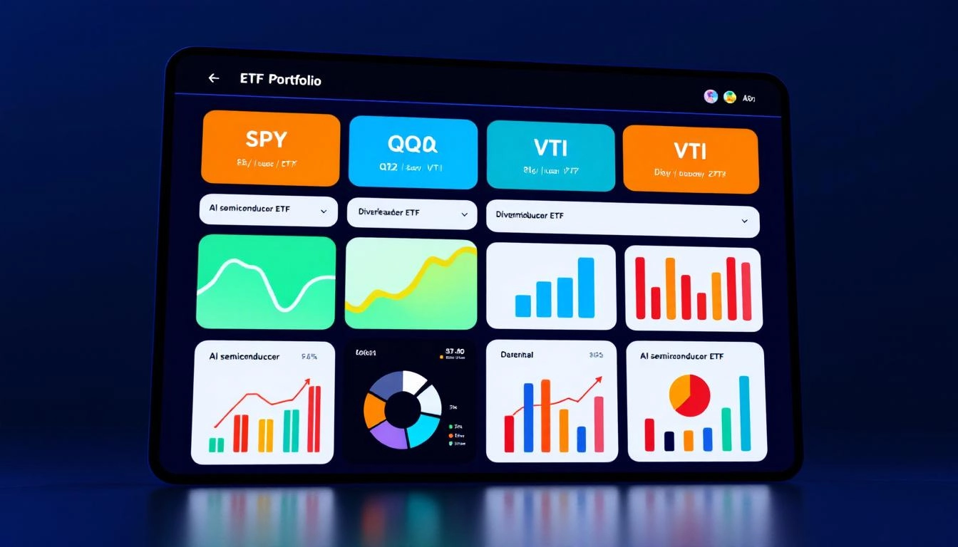 ETF 투자 포트폴리오 개념과 다양한 ETF 종목을 보여주는 디지털 대시보드 이미지