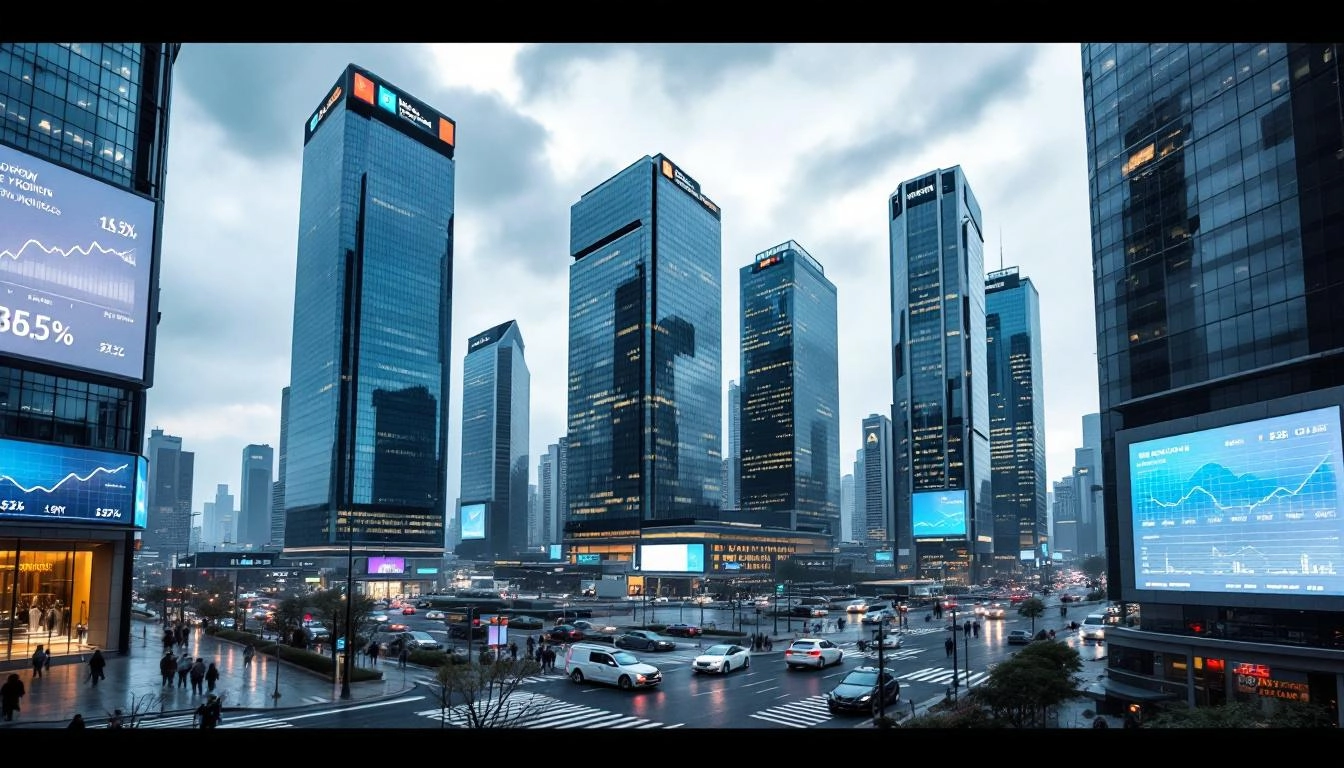 한국 경제 성장 둔화와 투자자 걱정을 표현하는 서울 금융 지구 전경 이미지