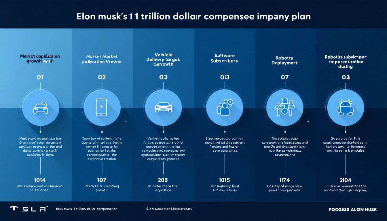 일론 머스크 1조 달러 보상안의 12단계 목표와 구조를 나타내는 인포그래픽 스타일 이미지