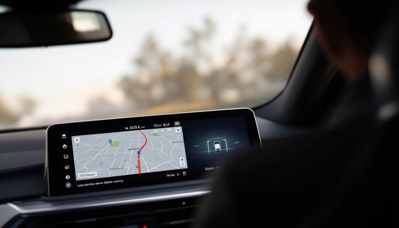 BMW M340i 대시보드의 최신 iDrive 8.5 커브드 디스플레이와 주행 보조 기능이 활성화된 모습