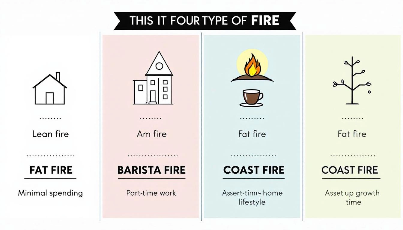 네 가지 FIRE 유형을 시각적으로 설명하는 인포그래픽 이미지: 최소 소비, 풍족한 생활, 파트타임 근무, 자산 성장 형태의 각 타입 특징 묘사