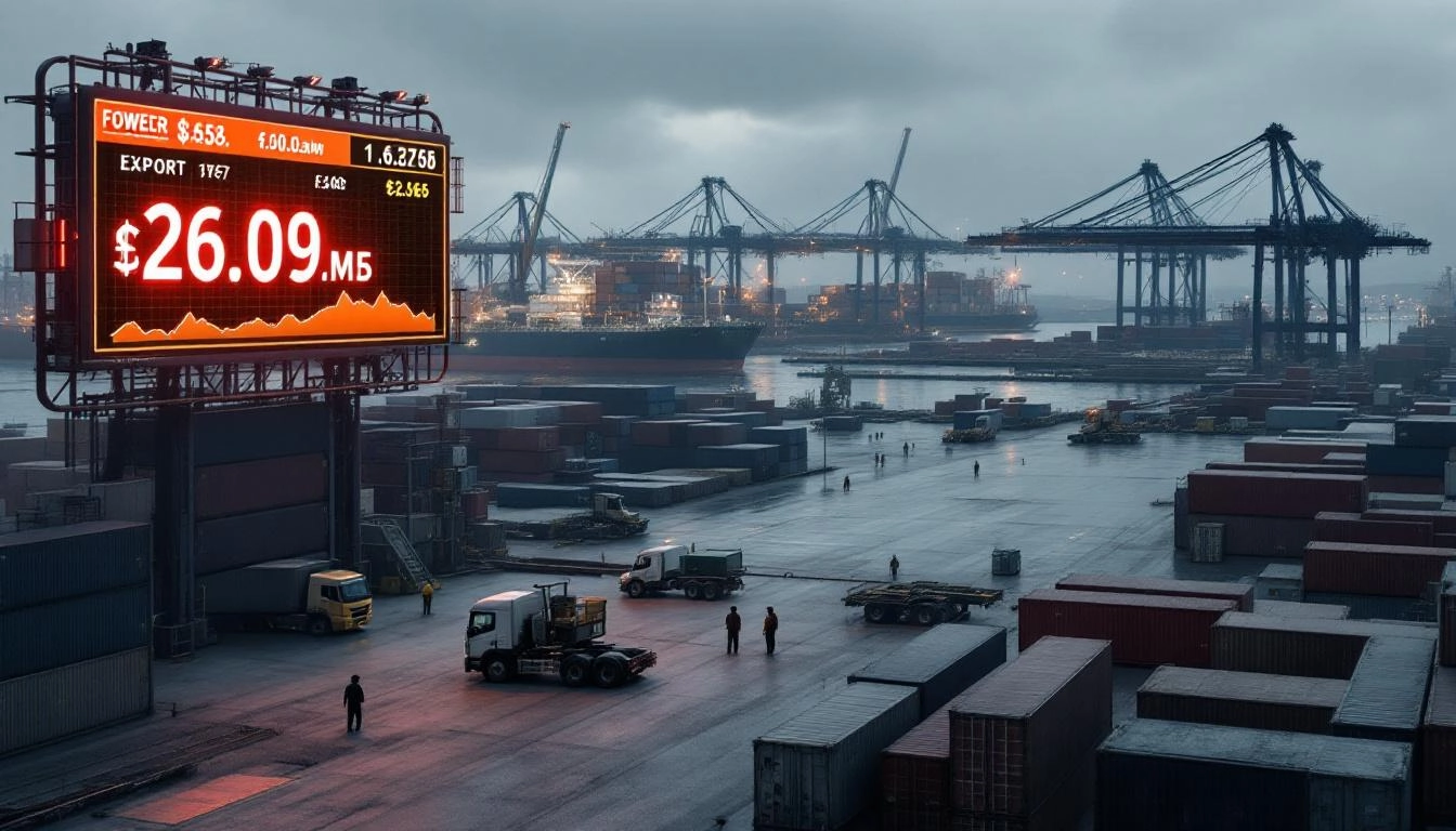 수출 실적 감소와 무역수지 악화를 나타내는 공장과 항만 이미지