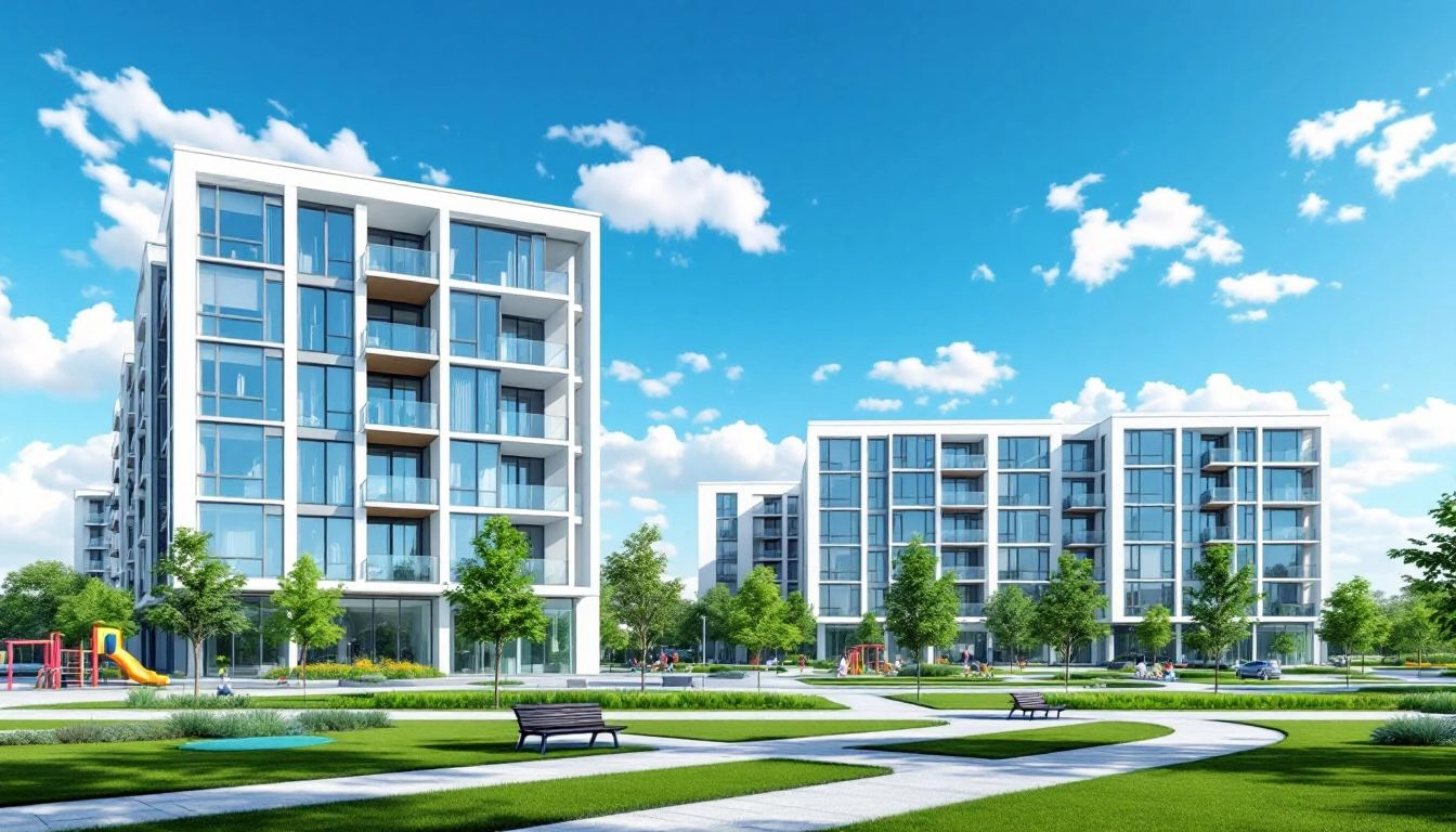 새롭게 지어진 깔끔한 공공임대 아파트 단지의 전경