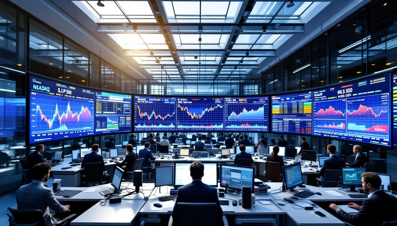 미국 주식 시장의 활기찬 거래 풍경과 주요 지수 화면