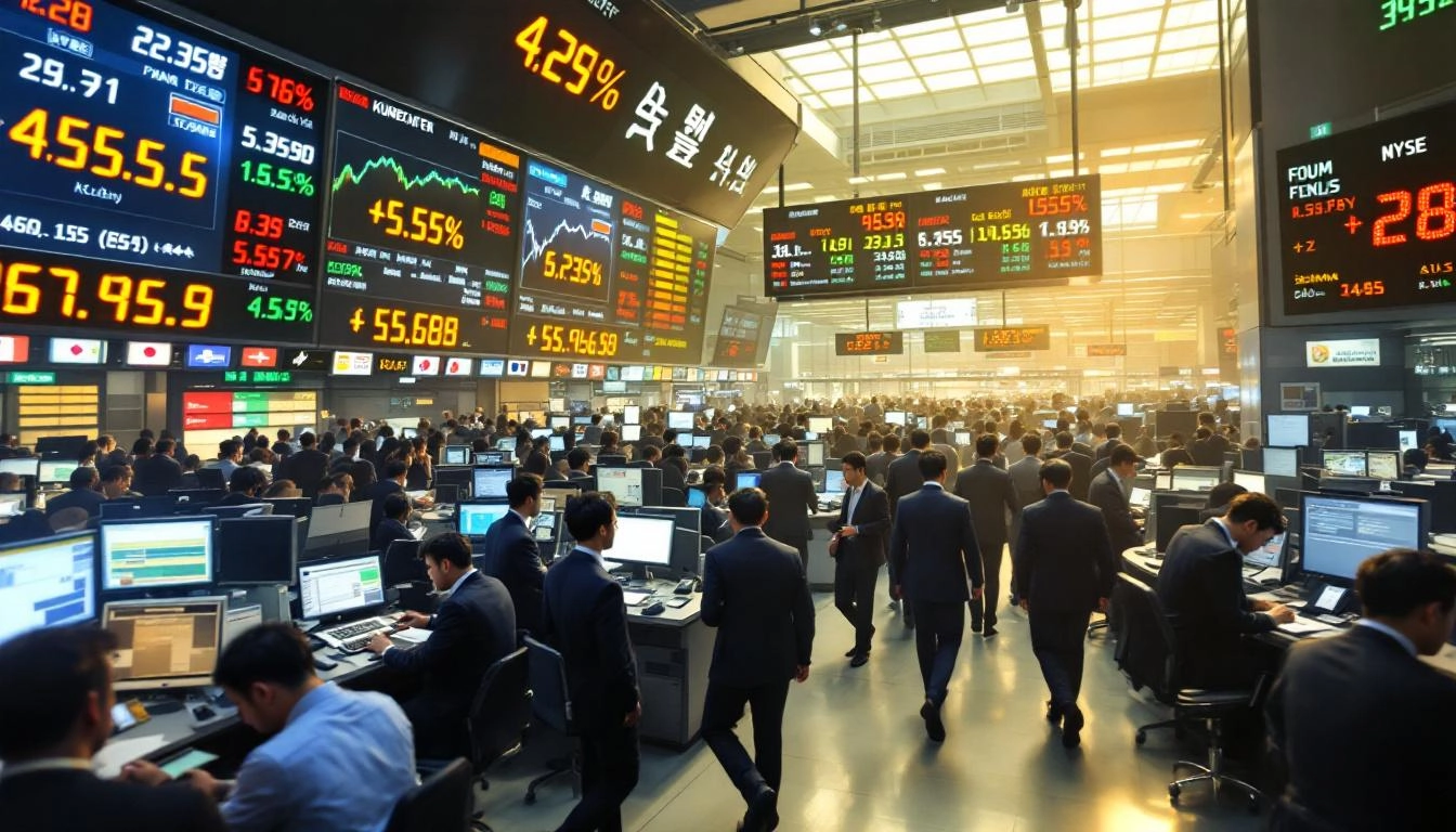 외국인 투자자의 대규모 코스피 매도와 원화 가치 하락을 나타내는 증권 거래소 실사 이미지