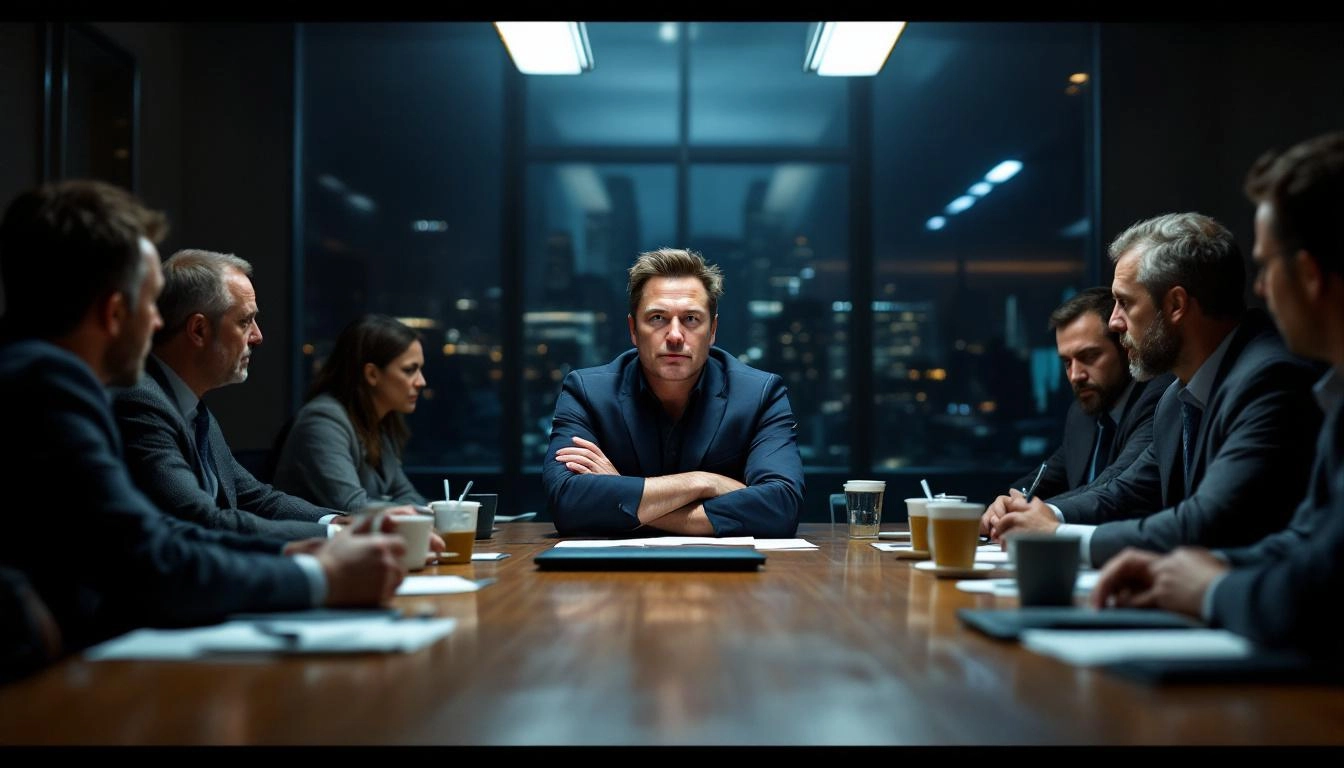 2018년 일론 머스크가 OpenAI 이사회와 AI 개발 속도와 전략 문제로 논쟁하는 긴장된 회의 장면