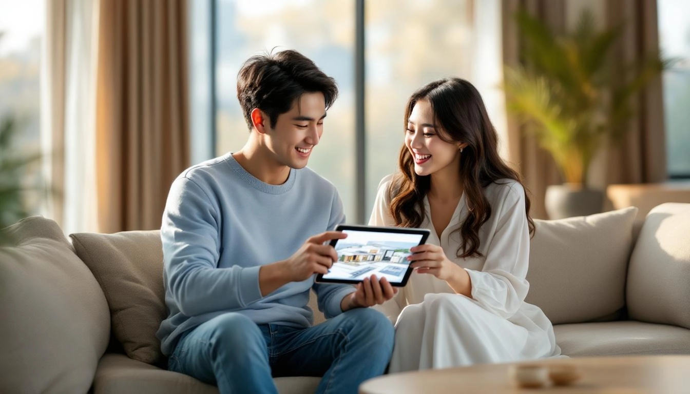 새 집의 청사진을 보며 미래를 꿈꾸는 신혼부부