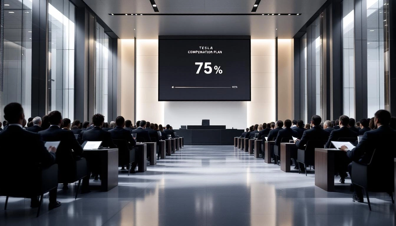 델라웨어 법원과 주주총회에서 보상안 승인 투표가 진행되는 장면을 묘사한 이미지