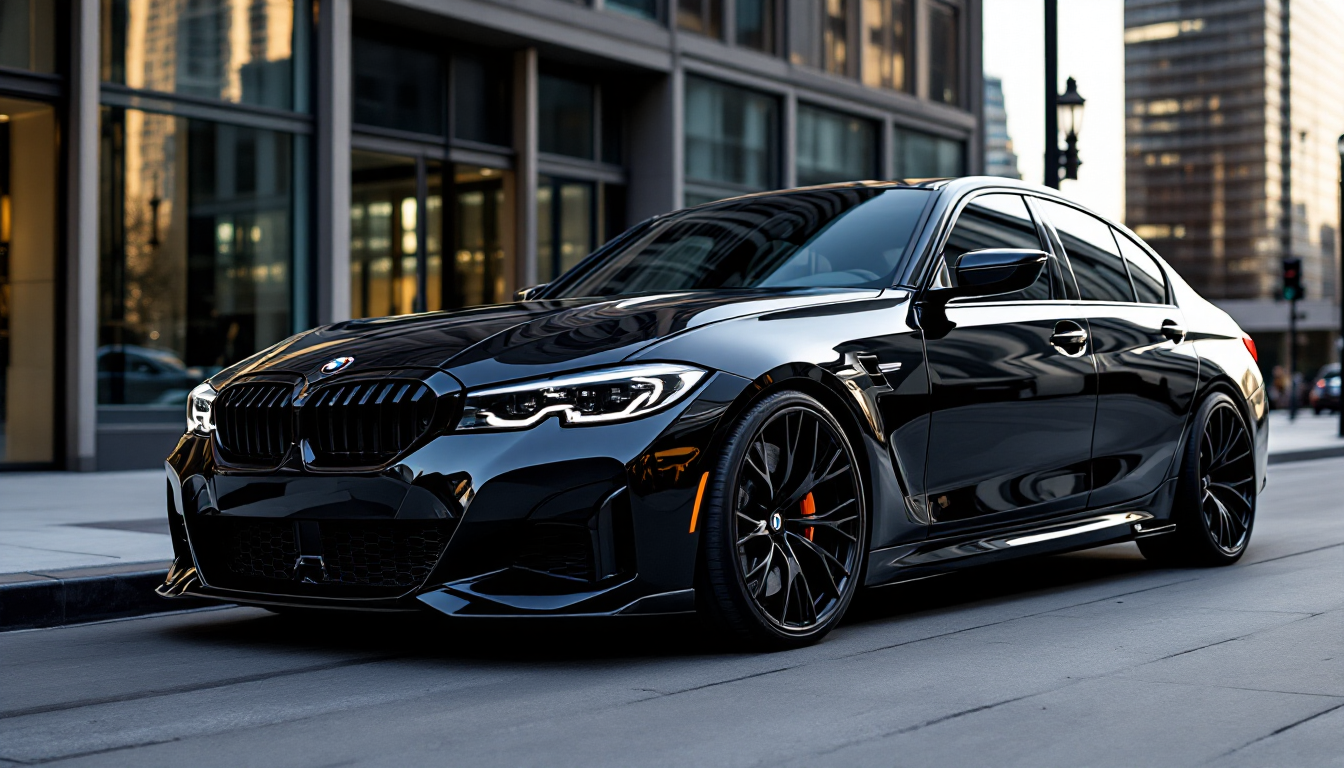 BMW M340i 스포츠 세단의 세련되고 현대적인 디자인을 보여주는 도시 배경의 고화질 실사 사진