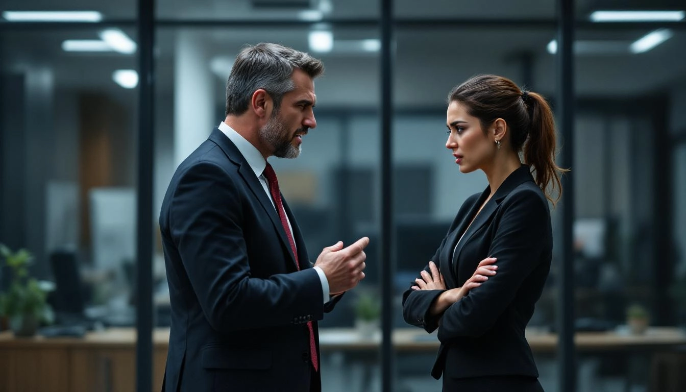 사무실에서 논쟁 중인 두 사람, 내부 갈등을 상징하는 이미지