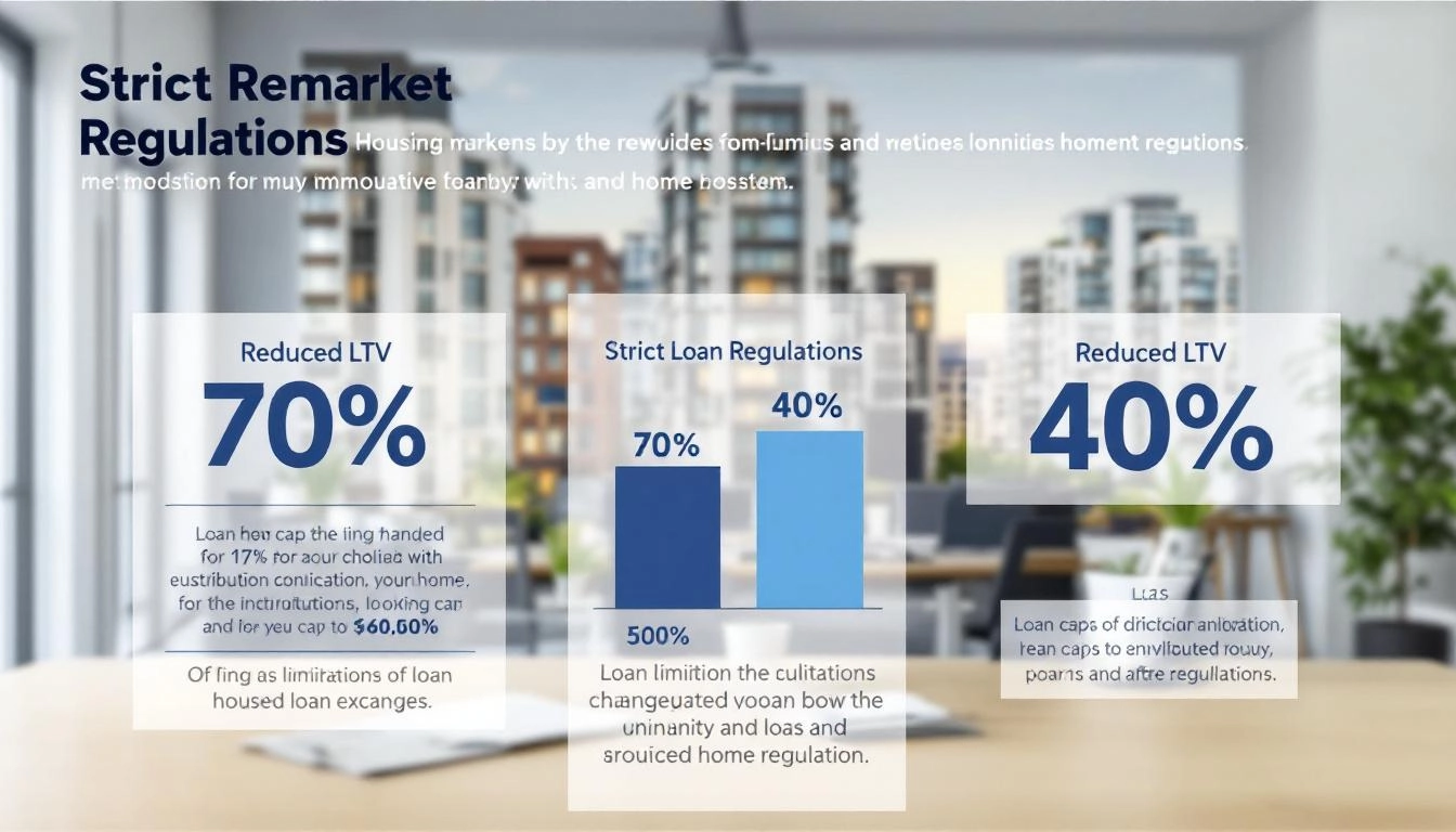 대출 규제 강화로 인한 주택담보대출비율 LTV 감소와 대출 한도 제한을 나타내는 주택 시장 이미지